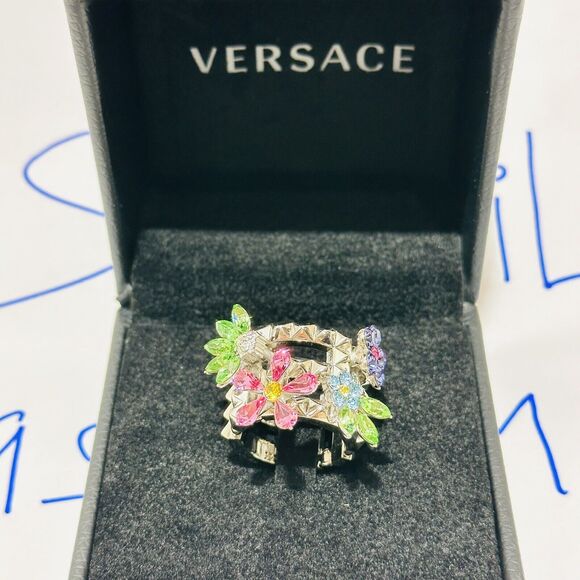 NIB Versace Silver Tone Ring 15 US 7 Greca Multi Color Crystal Flower Bloom $675 - Picture 7 of 14